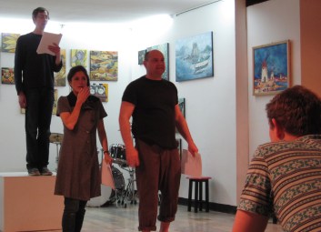 CT, Alex, John, and Gavin (L to R) in rehearsal.